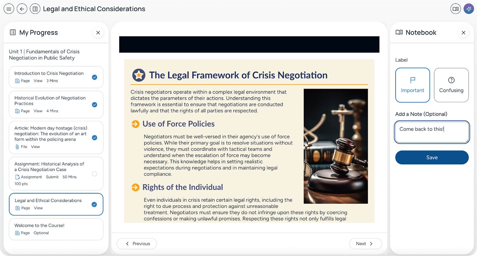 Canvas LMS legal content view before AI integration showing static material